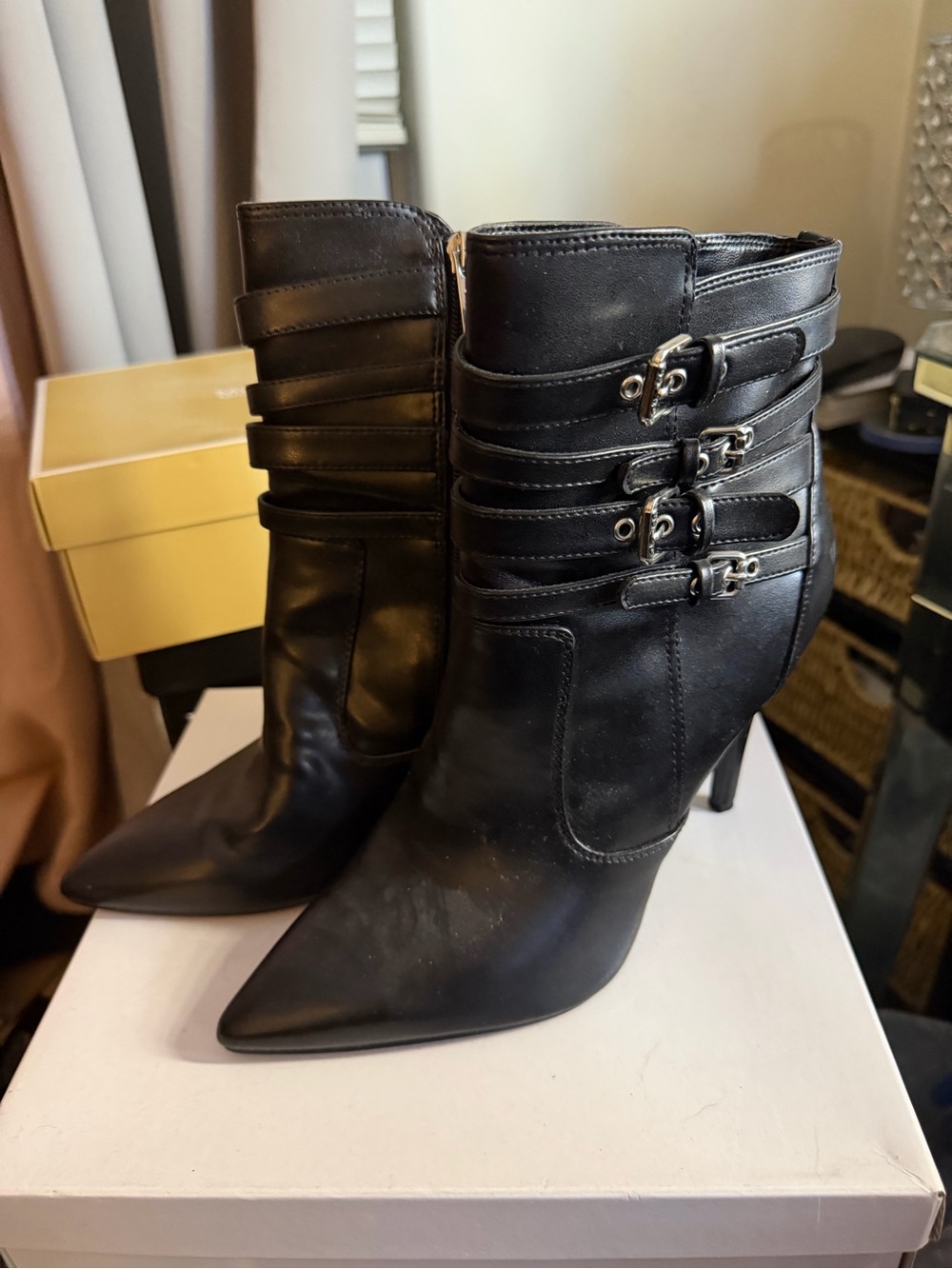 Guess Black Pointed Stiletto Ankle Boots with Triple Buckle Straps